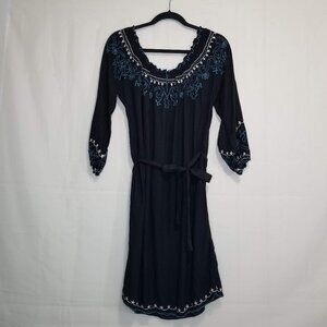 NWT Lucky Brand embroidered off-shoulder dress black size S peasant style